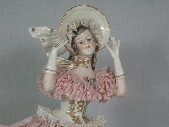 Antique German Porcelain Lace 10" Woman Lady Gilt 1875 Figurine Crown Mark NR! 1