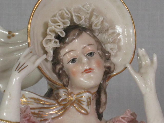Antique German Porcelain Lace 10" Woman Lady Gilt 1875 Figurine Crown Mark NR! 2