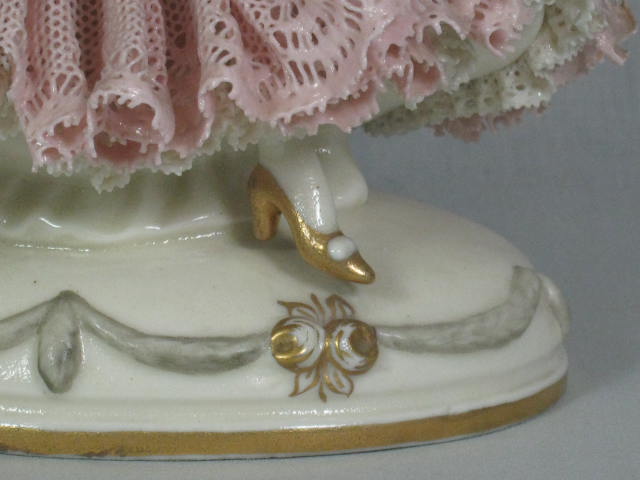 Antique German Porcelain Lace 10" Woman Lady Gilt 1875 Figurine Crown Mark NR! 5
