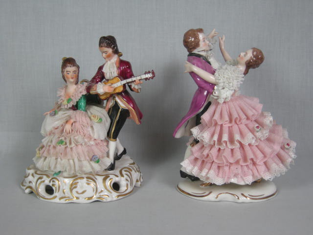 2 Antique German Dresden Porcelain Lace 6" Figurines Dancers Musician No Reserve