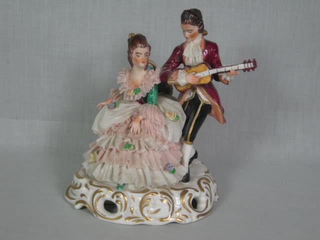 2 Antique German Dresden Porcelain Lace 6" Figurines Dancers Musician No Reserve 13