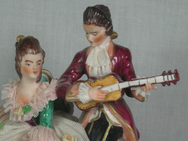 2 Antique German Dresden Porcelain Lace 6" Figurines Dancers Musician No Reserve 14
