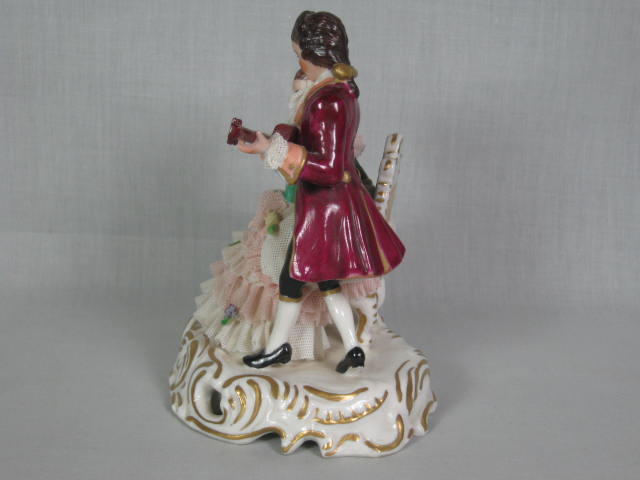 2 Antique German Dresden Porcelain Lace 6" Figurines Dancers Musician No Reserve 19
