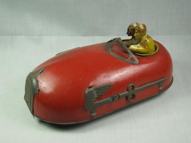 Vtg Red Wind-Up Tin Litho Toy Convertible Car W/ Driver Couple Greatest Strauss 2