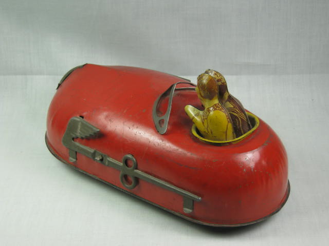 Vtg Red Wind-Up Tin Litho Toy Convertible Car W/ Driver Couple Greatest Strauss 4