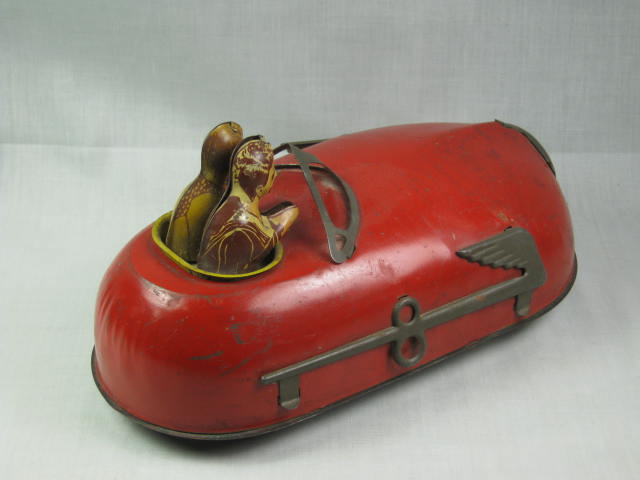 Vtg Red Wind-Up Tin Litho Toy Convertible Car W/ Driver Couple Greatest Strauss 5
