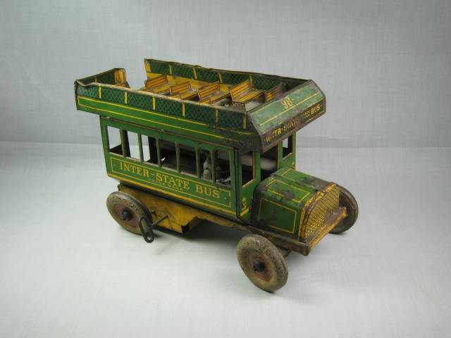 Vtg Strauss Tin Litho Windup Inter-State 98 Double Decker Toy Bus 10" NO RESERVE