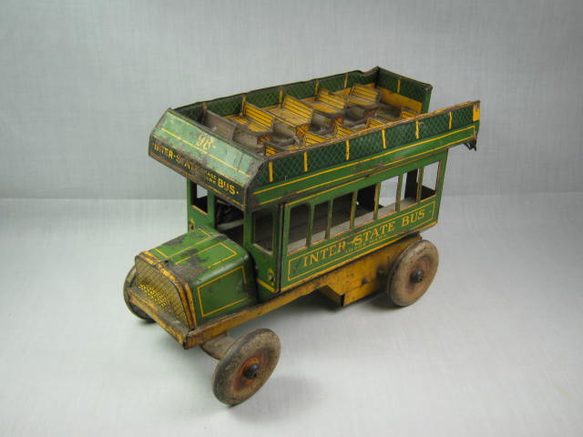 Vtg Strauss Tin Litho Windup Inter-State 98 Double Decker Toy Bus 10" NO RESERVE 2