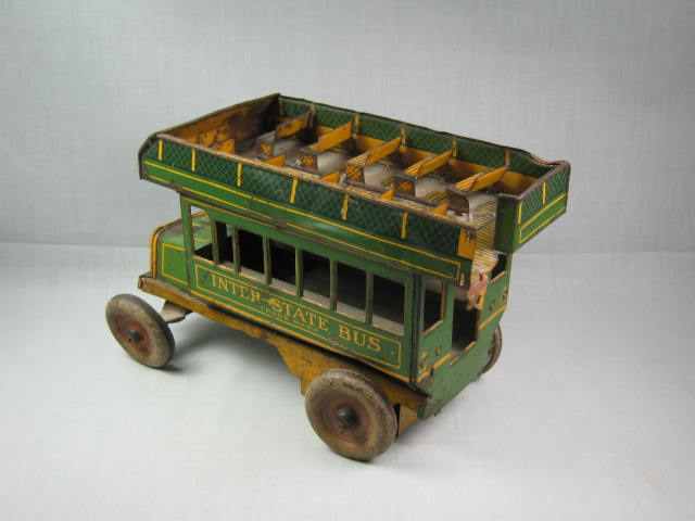 Vtg Strauss Tin Litho Windup Inter-State 98 Double Decker Toy Bus 10" NO RESERVE 3