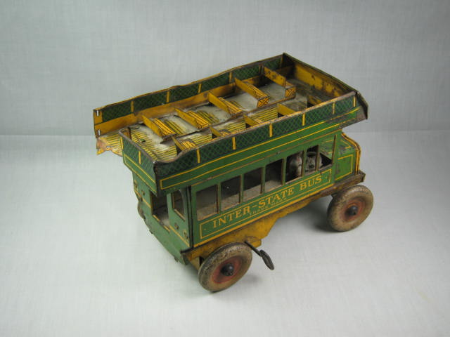 Vtg Strauss Tin Litho Windup Inter-State 98 Double Decker Toy Bus 10" NO RESERVE 4