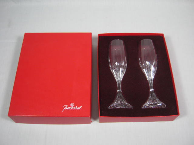 2 Baccarat Massena Champagne Wine Flute Crystal Glasses W/Storage Box NO RESERVE