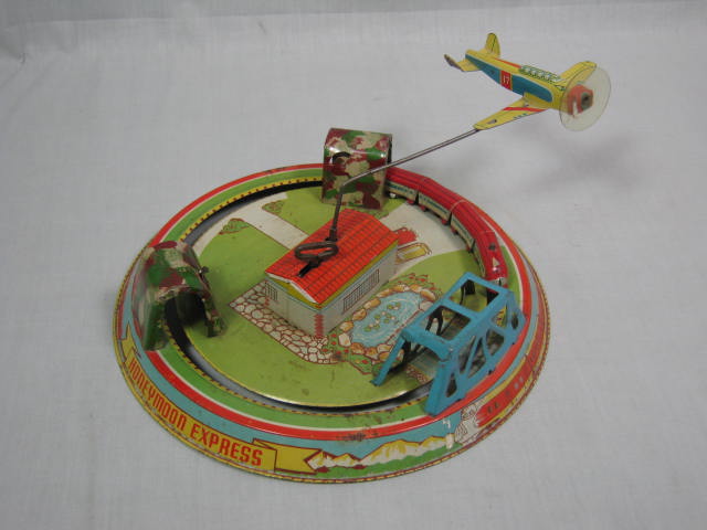 Vtg Louis Marx Honeymoon Express Tin Litho Wind-up Toy Train + Airplane Plane NR