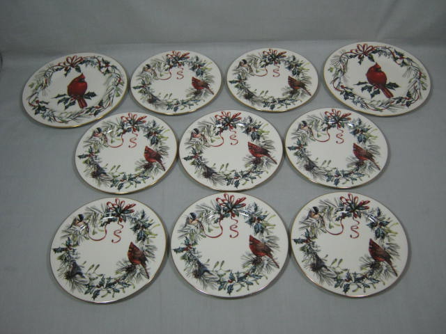 10 Lenox Winter Greetings Cardinal Fine Ivory China Salad Accent Luncheon Plates