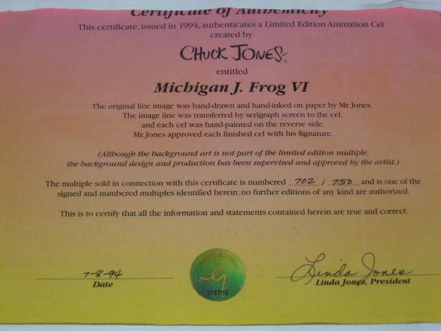 Signed Warner Bros Michigan J Frog VI Animation Art Cel 5