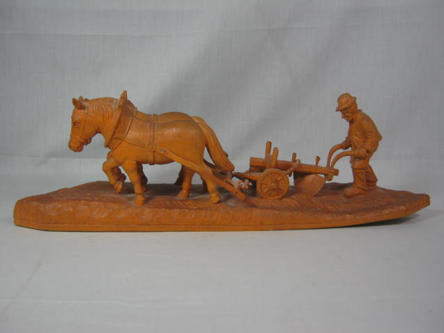 Vtg Antique German Wood Carving Plowman Farmer + Horse Team Augsburg Bavaria 21"