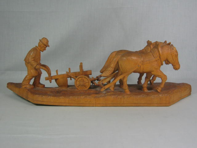 Vtg Antique German Wood Carving Plowman Farmer + Horse Team Augsburg Bavaria 21" 1