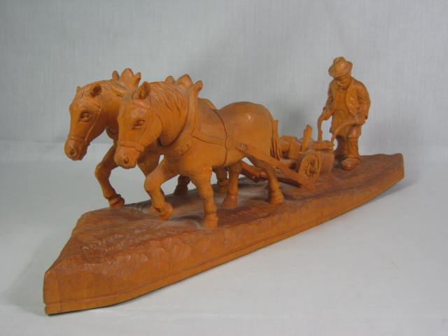 Vtg Antique German Wood Carving Plowman Farmer + Horse Team Augsburg Bavaria 21" 2