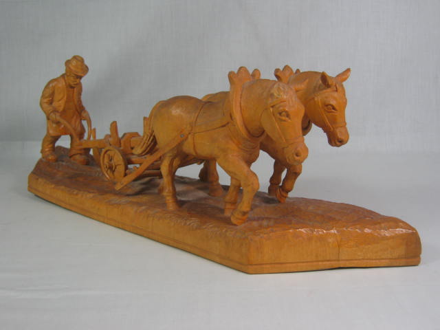 Vtg Antique German Wood Carving Plowman Farmer + Horse Team Augsburg Bavaria 21" 3