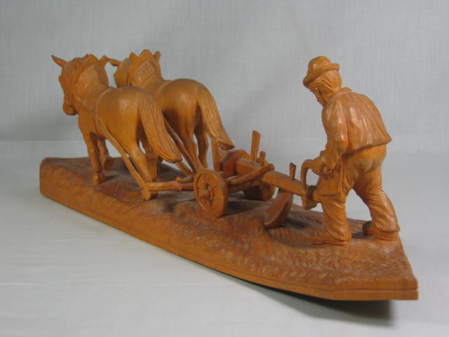 Vtg Antique German Wood Carving Plowman Farmer + Horse Team Augsburg Bavaria 21" 4