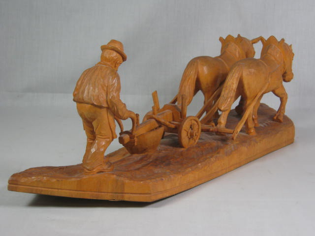 Vtg Antique German Wood Carving Plowman Farmer + Horse Team Augsburg Bavaria 21" 5