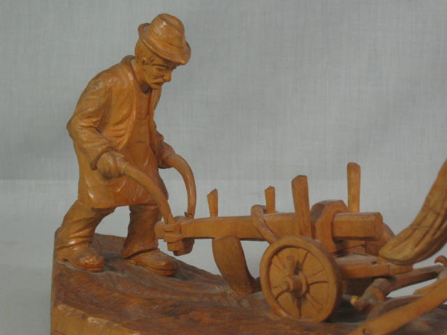 Vtg Antique German Wood Carving Plowman Farmer + Horse Team Augsburg Bavaria 21" 6