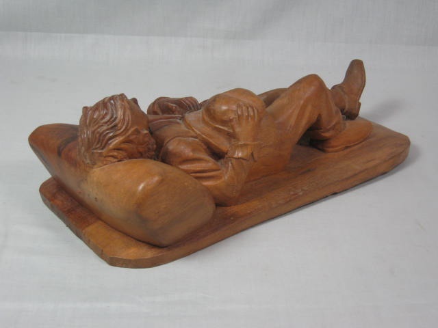 Vintage Antique Wood Carving Hand Carved Reclining Boy Figurine 13" Inches NR! 2