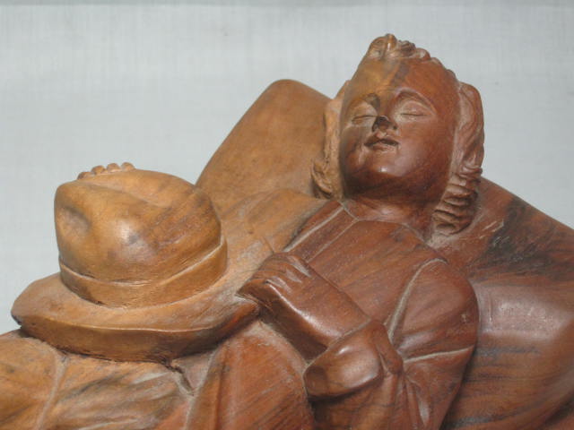 Vintage Antique Wood Carving Hand Carved Reclining Boy Figurine 13" Inches NR! 4