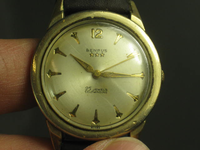 Mens Vtg 1950s Benrus 10K Gold Filled 25 Jewel Self Winding Watch Works NO RES!