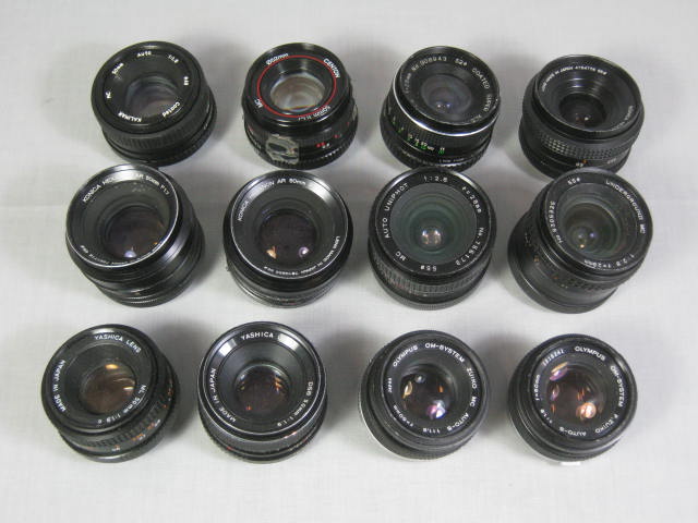 12 50mm Camera Lens Lot Olympus OM Zuiko Auto-S 1.8 Konica Hexanon 1.7 Yashica