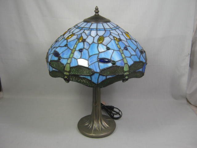 Electric Metal Tree Shaped Table Desk Lamp +Leaded Stained Glass Dragonfly Shade 1