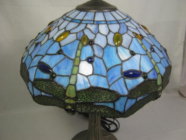 Electric Metal Tree Shaped Table Desk Lamp +Leaded Stained Glass Dragonfly Shade 2