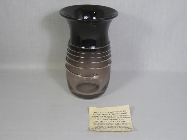 Vintage 1982 Wayne Filan 8" Hand Blown Studio Art Glass & Platinum Jar Vase