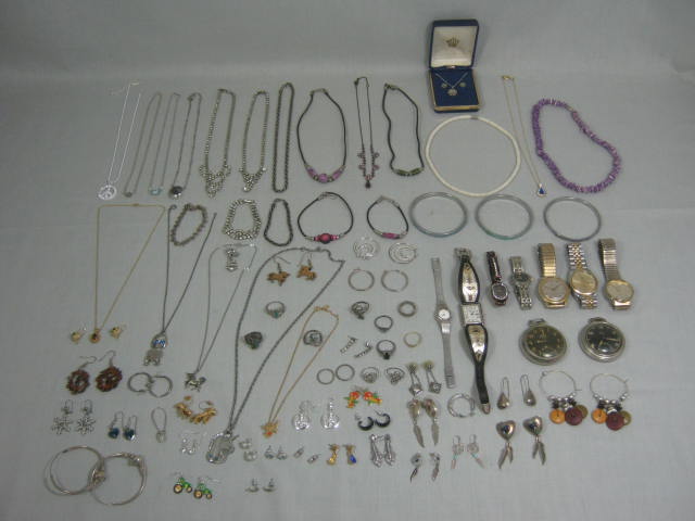 Vtg Jewelry Pocket Watch Lot Rings Earrings Necklaces 10K Gold Sterling Silver +