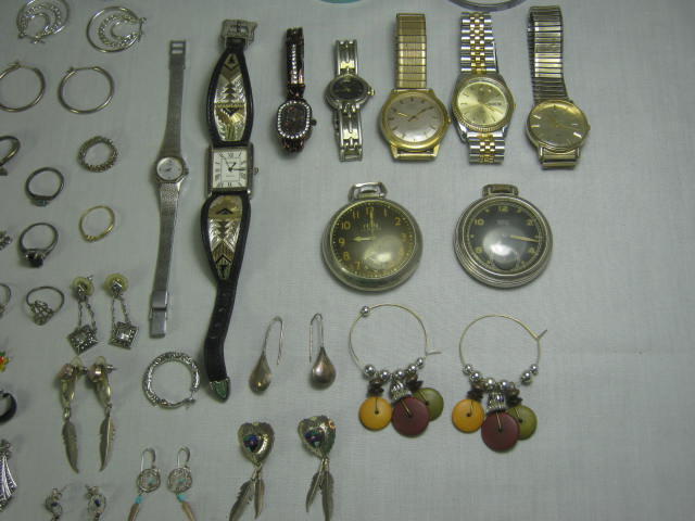 Vtg Jewelry Pocket Watch Lot Rings Earrings Necklaces 10K Gold Sterling Silver + 3