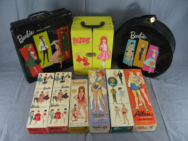 7 Vintage Barbie Skipper Midge Dolls Clothes +Cases Lot