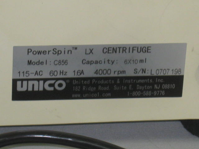 Unico C856 PowerSpin LX Bench Top Centrifuge 4000rpm 6x10ml 1.6A No Reserve! 8