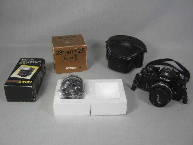 Nikon EM 35mm SLR Camera + Series E 50mm f/1.8 Lens 28mm f/2.8 Wide Angle NR!