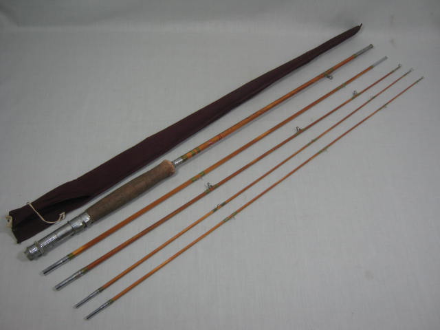 Vtg Antique 5-Pc Gold Bamboo Fly & Bait Casting Fishing Rod Pole W/ Pouch NO RES