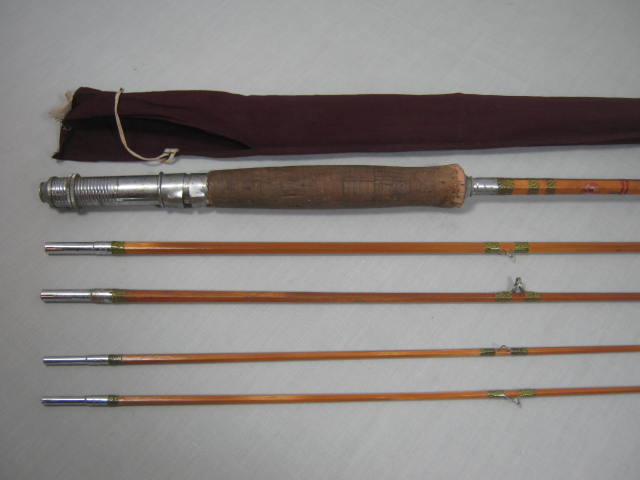 Vtg Antique 5-Pc Gold Bamboo Fly & Bait Casting Fishing Rod Pole W/ Pouch NO RES 1