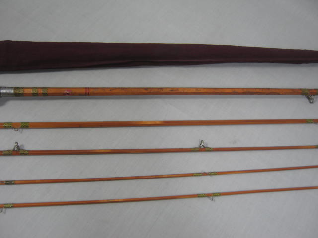 Vtg Antique 5-Pc Gold Bamboo Fly & Bait Casting Fishing Rod Pole W/ Pouch NO RES 2