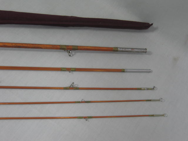 Vtg Antique 5-Pc Gold Bamboo Fly & Bait Casting Fishing Rod Pole W/ Pouch NO RES 3