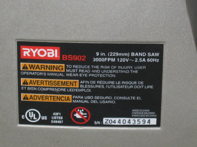 Ryobi Model BS902 9" Inch 229mm Band Saw Woodworking Carpenter Shop Tool 5