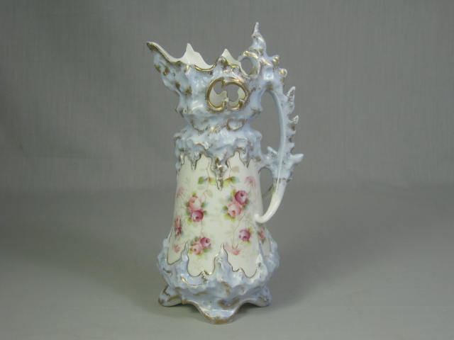 Antique 1890s Ohio Valley China Co Floral Gilt Blue Porcelain Footed Pitcher 8"