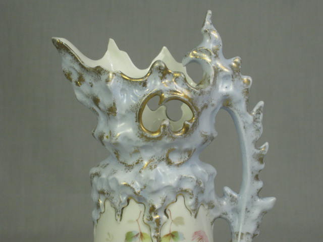 Antique 1890s Ohio Valley China Co Floral Gilt Blue Porcelain Footed Pitcher 8" 1