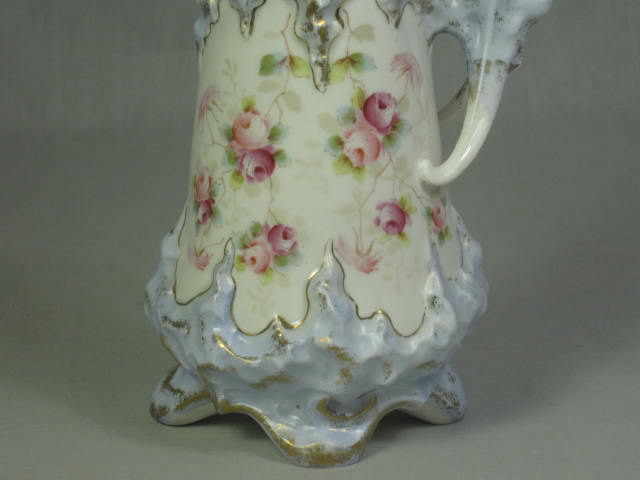 Antique 1890s Ohio Valley China Co Floral Gilt Blue Porcelain Footed Pitcher 8" 2
