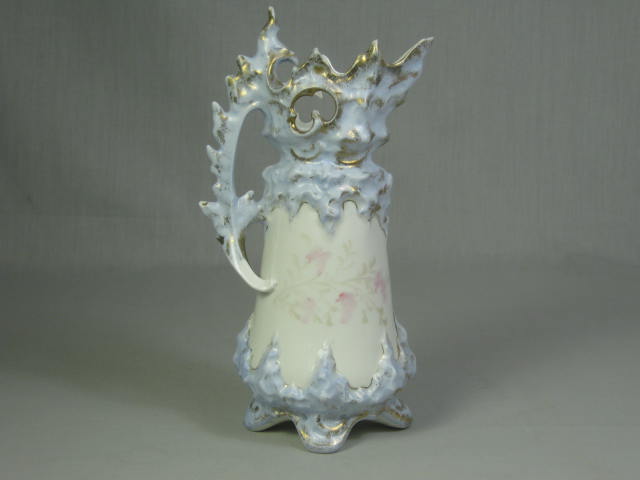 Antique 1890s Ohio Valley China Co Floral Gilt Blue Porcelain Footed Pitcher 8" 4