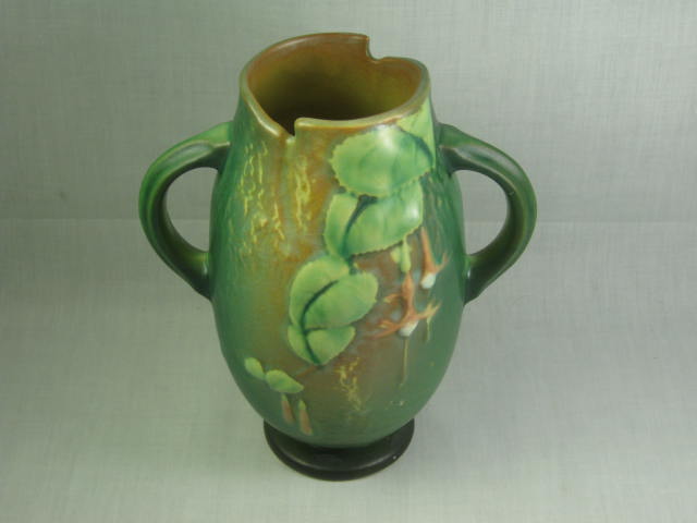 Vtg Green Floral Flower Pottery Vase Roseville Fuschia 894-7? Unmarked 7.25" NR!