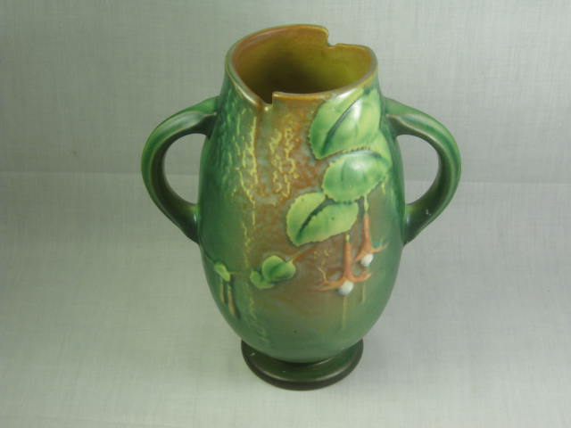Vtg Green Floral Flower Pottery Vase Roseville Fuschia 894-7? Unmarked 7.25" NR! 2