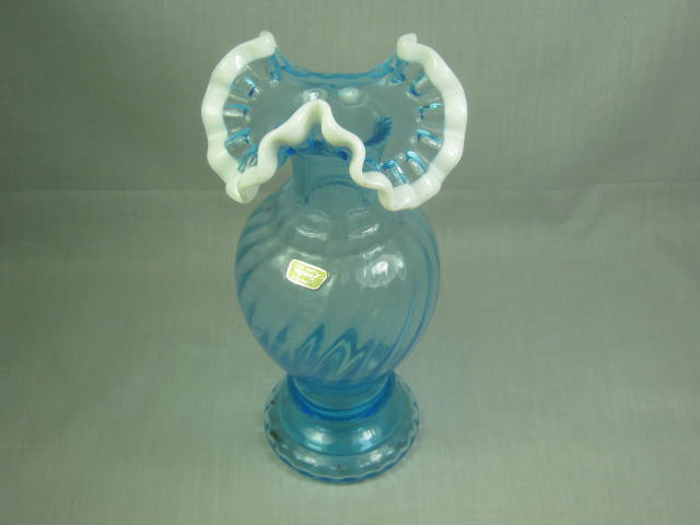 Vtg Handmade Fenton Ruffled Ridged Blue Glass Vase W/ White Rim + Label 9.25" NR