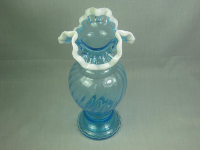 Vtg Handmade Fenton Ruffled Ridged Blue Glass Vase W/ White Rim + Label 9.25" NR 1
